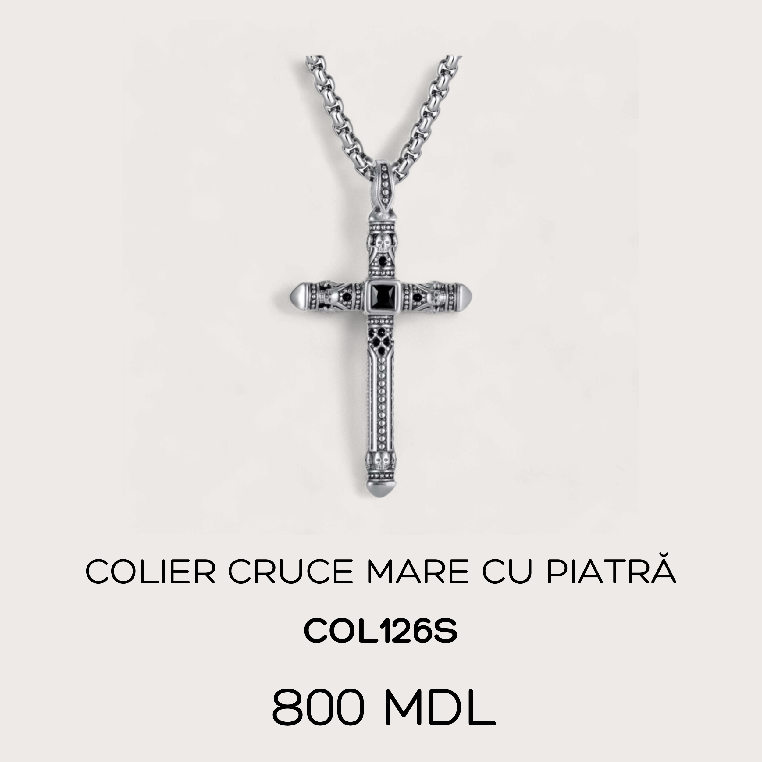 Colier cruce mare cu piatră - Argintiu