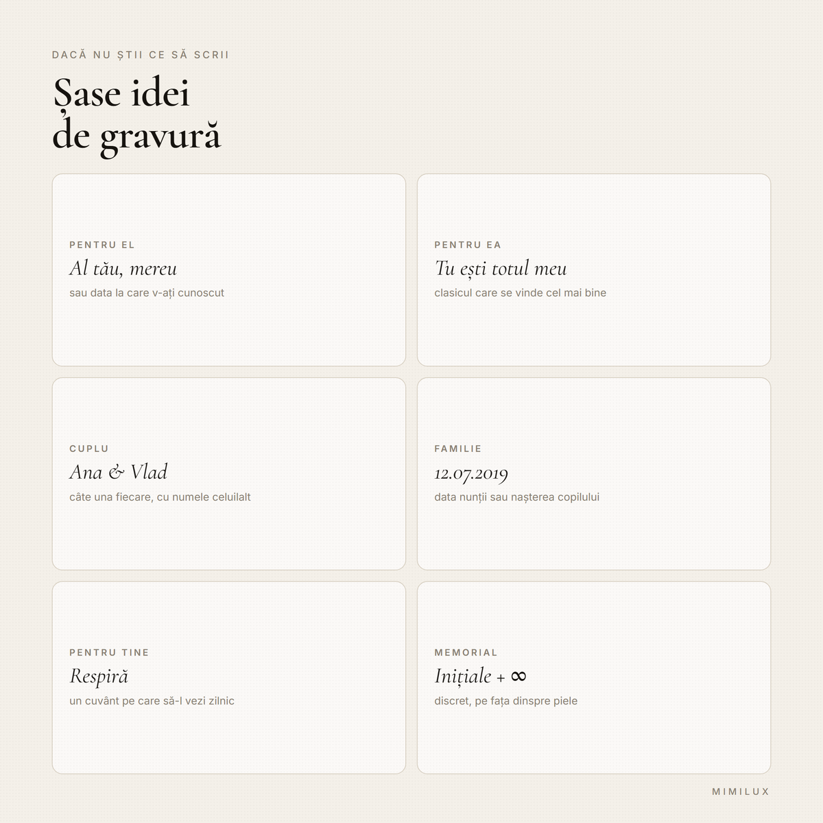 Șase idei de gravură: pentru el, pentru ea, cuplu, familie, memorial